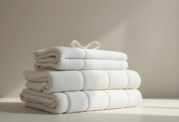 A stack of folded towels in neutral tones on a clean surface. Soft fabric with visible texture, neatly arranged for a minimalist and cozy look. Perfect for wellness, home, and spa themes.