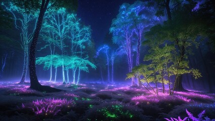 Fototapeta premium Glowing trees emit blue and green hues, illuminating a dark forest. Vibrant ferns and plants add purple tones to the enchanting landscape, creating a surreal atmosphere