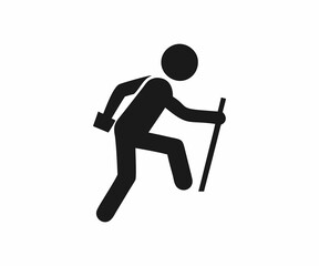 Simple icon of a hiker with backpack and walking stick.