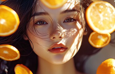 A beautiful Japanese woman with long hair and light brown eyes, looking at the camera, surrounded by orange slices floating in space, radiating soft sunlight