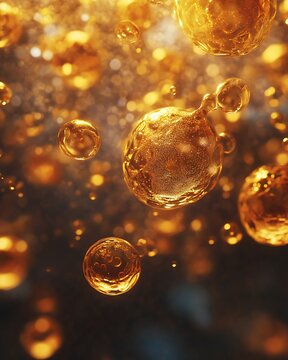 Glowing 3D representation of yeast cell fermentation showcasing ethanol carbon dioxide production crisp texture of bubble scientifically accurate depiction under realistic lab lighting dynamic