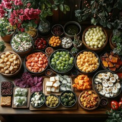 Colorful salad bar buffet with diverse ingredients on a wooden table indoors