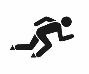 A basic, black silhouette graphic of a person running, with simplified body and leg shapes, and small triangular symbols representing the feet's contact with the ground.