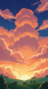 Vibrant sunset over rolling hills.