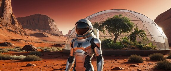 An astronaut stands in the Martian landscape, beside a biodome that houses various plants. This setting highlights research efforts aiming for sustainability in extraterrestrial environments