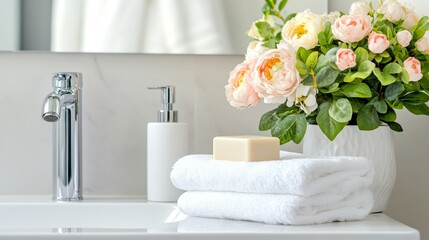 A Luxurious and Clean Bathroom with Soft Towels and Fresh Flowers