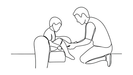 A singleline drawing depicts a father kneeling, tending to his young sons injured leg. The scene is simple, focusing on the caring interaction between them.