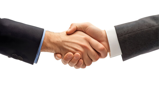 Close-up of a formal business handshake between two professionals in black and gray suits, symbolizing partnership, agreement, or a formal greeting, isolated on transparent background