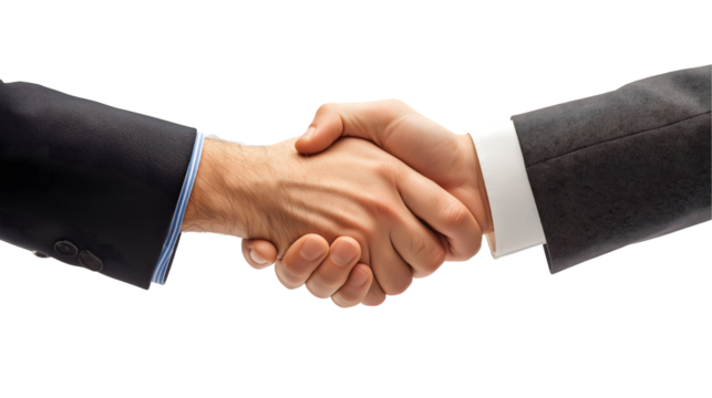 Close-up of a formal business handshake between two professionals in black and gray suits, symbolizing partnership, agreement, or a formal greeting, isolated on transparent background