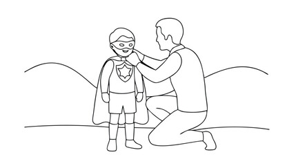 Father helps son dress up in superhero costume outdoors