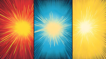 Comic book background with three rays of different colors: blue, red, and yellow
