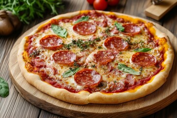 Frisch gebackene Pizza mit Salami. Knuspriger Boden und würziger Belag.