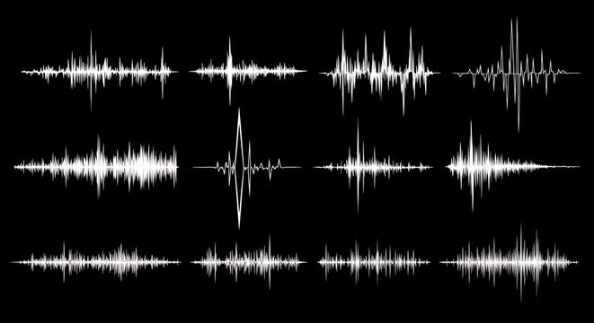 Abstract Audio Waveforms Visualization White Sound Waves on Black Background