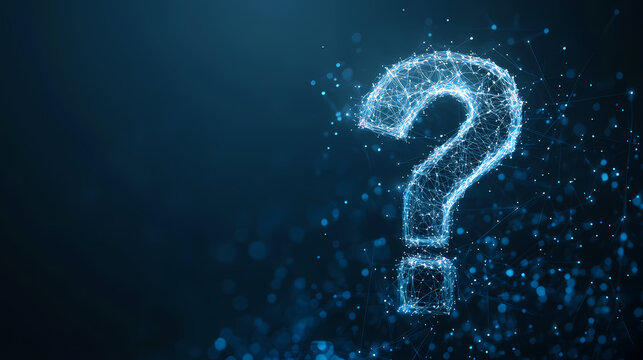 Glowing blue question mark on dark background