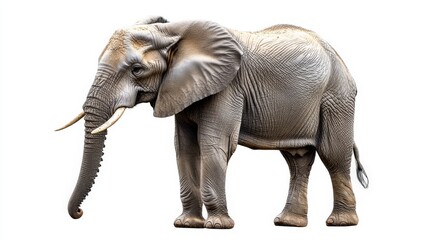 Obraz premium A majestic gray elephant with a long, curved trunk stands gracefully, its gaze shifting from left to right, embodying strength and elegance in each poised step