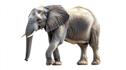 Fototapeta premium A majestic elephant turns towards the left, its textured gray skin catching light; prominent tusks and expressive trunk add to its grandeur