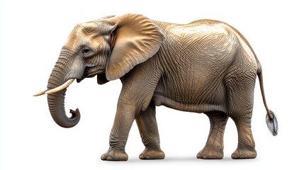 Fototapeta premium A majestic, medium-sized elephant with a textured, light brown hide gracefully turns left. Its iconic long, curved trunk and prominent tusks add to its enchanting presence