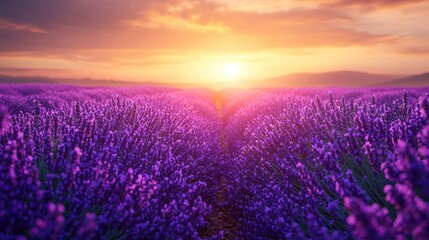 Fototapeta premium Vibrant Purple Lavender Field at Sunset, Warm Golden Hour Light, Peaceful Nature Landscape