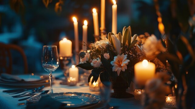 A stylish anniversary dinner setup in an upscale restaurant, with fine dining, soft lighting, and elegant decor, captured in a high-end, luxurious photography style to convey celebration and romance