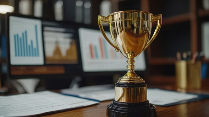 golden trophy on desk with analytical charts in background, symbolizing achievement and success