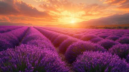 Fototapeta premium Vibrant Purple Lavender Field at Sunset