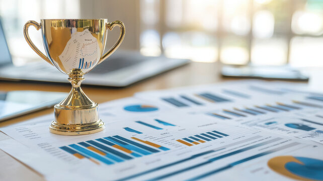 golden trophy on desk surrounded by analytical reports and charts, symbolizing success and achievement