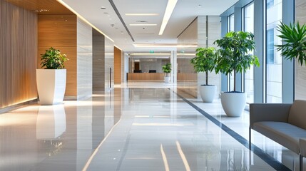 Obraz premium Modern Office Lobby with Sleek Design and Green Indoor Plants