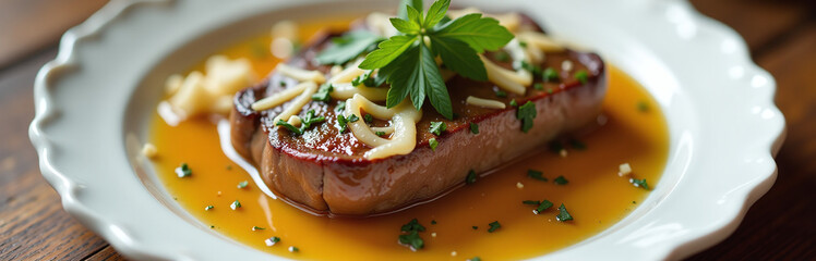 Tender Beef Is Coated In Rich Garlic Butter Sauce, Garnished With Fresh Herbs And A Sprinkle Of Parmesan Cheese On The Side.