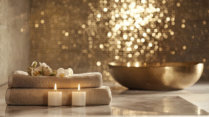 Luxurious spa setting with soft towels, candles, and gold accents. Relaxing atmosphere