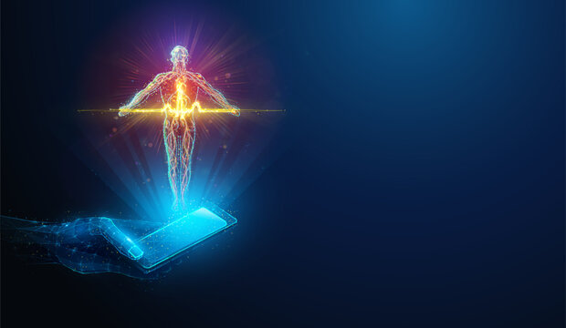 Human Body Heart Pulse Over Smartphone. Low poly abstract geometric illustration depicting health traking mobile application concept by wireframe mesh on blue background with neon glowing particles