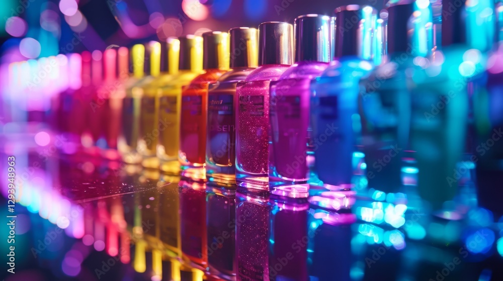 Poster a variety of nail polish bottles in various colors are neatly arranged on a reflective surface. brig