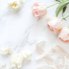 Fototapeta premium Soft pastel flowers, including roses and tulips, carefully arranged on a white marble surface. Perfect for beauty, romance, and lifestyle content.
