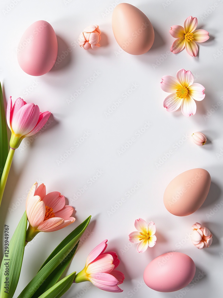 Poster Spring Flowers And Easter Eggs Arranged On A Light Background In A Flat Lay Composition For A Festive Look.