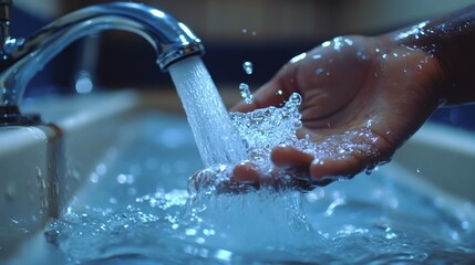 Fototapeta premium A hand turning on a faucet with crystal-clear water flowing out, high-resolution detail, copy space on the left.
