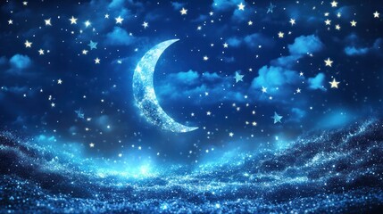 Fototapeta premium Crescent moon, starry night sky, tranquil landscape. Possible use Background image, wallpaper