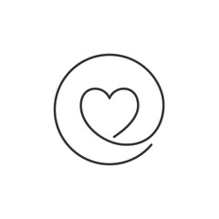 A minimalist icon featuring a heart shape seamlessly integrated into a circular swirl, representing love or favorite in a digital interface. The design is simple yet visually appealing