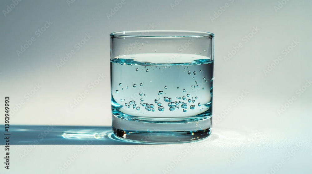 Poster minimalist isolated image of a transparent glass of water on a white background, perfect for stock u
