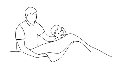A singleline drawing depicts a father gently tucking his sleeping son under a blanket. The scene conveys warmth, love, and the tenderness of a bedtime moment.