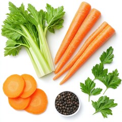 Fresh Celery, Carrots, and Parsley on White Background