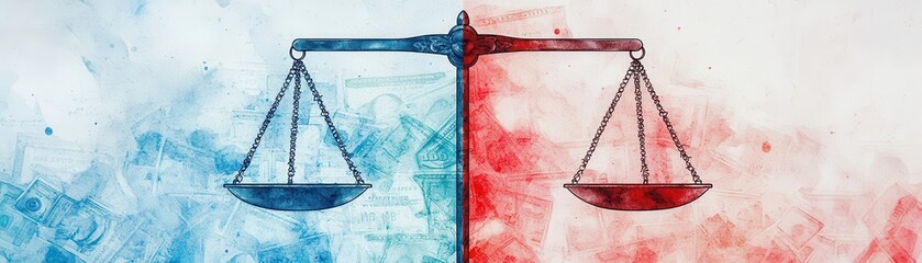 A balanced scale divided into blue and red colors, symbolizing justice, fairness, and the dichotomy of opinions or values in society.