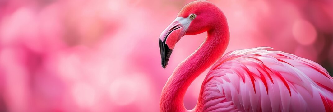 A vibrant pink flamingo stands elegantly against a dreamy, soft-focus background, showcasing beauty.