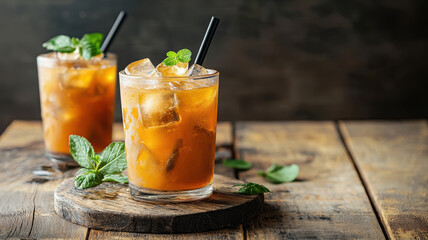 Fototapeta premium Artful arrangement of Thai iced tea with mint leaves and ice cubes