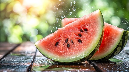 Juicy watermelon slices with water splash on wooden table in sunny garden, blurred green backdrop