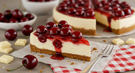 Delicious cherry cheesecake slice with a smooth and creamy texture, golden graham cracker crust, glossy cherry topping, bakery-style presentation, white chocolate pieces
