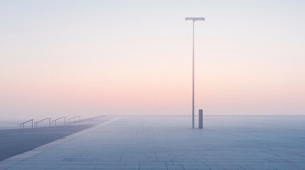 Serene Misty Landscape with Lamp Post and Vibrant Sky at Dusk