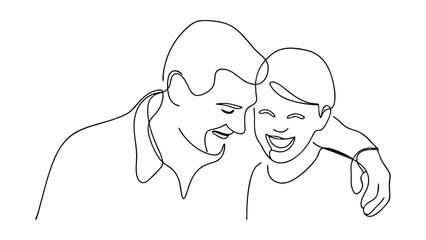 A singleline drawing depicts a joyful father and son, shoulders touching, sharing a laugh. The minimalist style emphasizes their close bond and happiness.