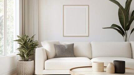 A white couch with a black and white pillow sits in front of a large window. A potted plant sits on the floor next to the couch. The room has a clean and minimalist look