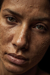 Obraz premium Striking portrait of a woman with golden face mask. Close-up, skin texture, detail-rich