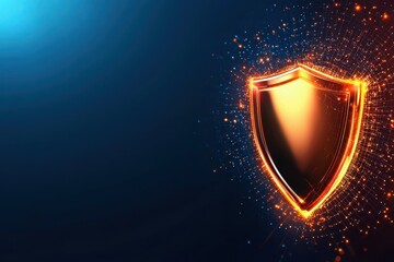 Fototapeta premium A glowing golden shield against a dark backdrop, symbolizing protection and security, with sparkling effects enhancing its visual appeal.