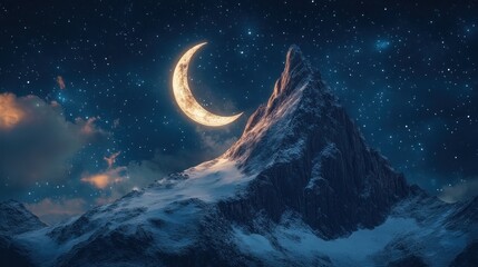 Obraz premium Surreal Crescent Moon Resting Atop Snowy Mountain Peak Under Starry Night Sky